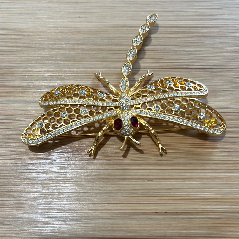 Vintage PS CO 1999 Elegant Gold Dragonfly Brooch with Crystal Accents